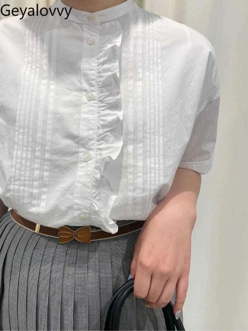 

Summer New Lace Pure Cotton Single-breasted Short-sleeved Shirt Sweet Girls Versatile Round Neck Plaid Short-sleeved Tops