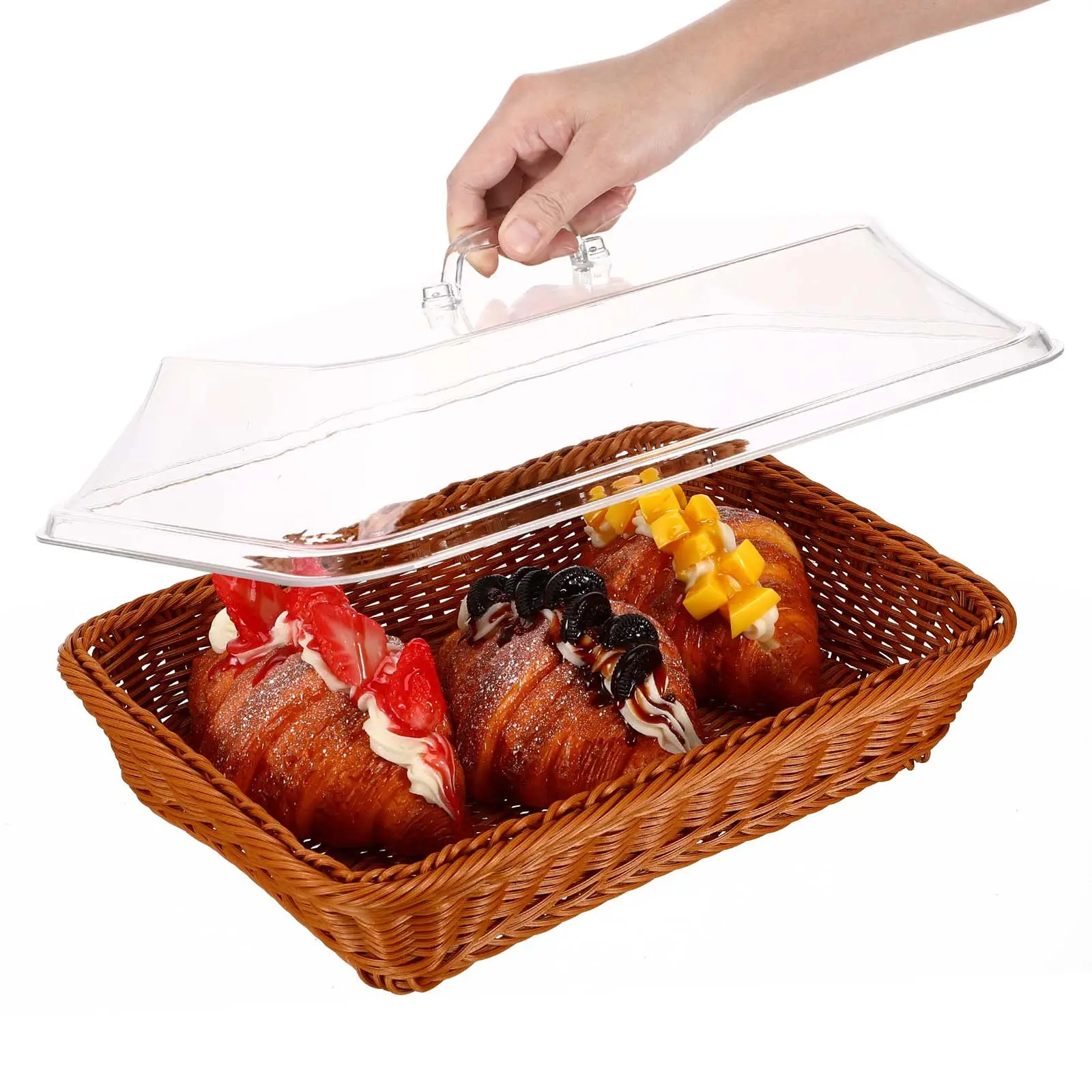 

Rustic Simulated Rattan Basket Transparent Lid Bread Storage Serving Display Woven Container for Kitchen Bread Basket