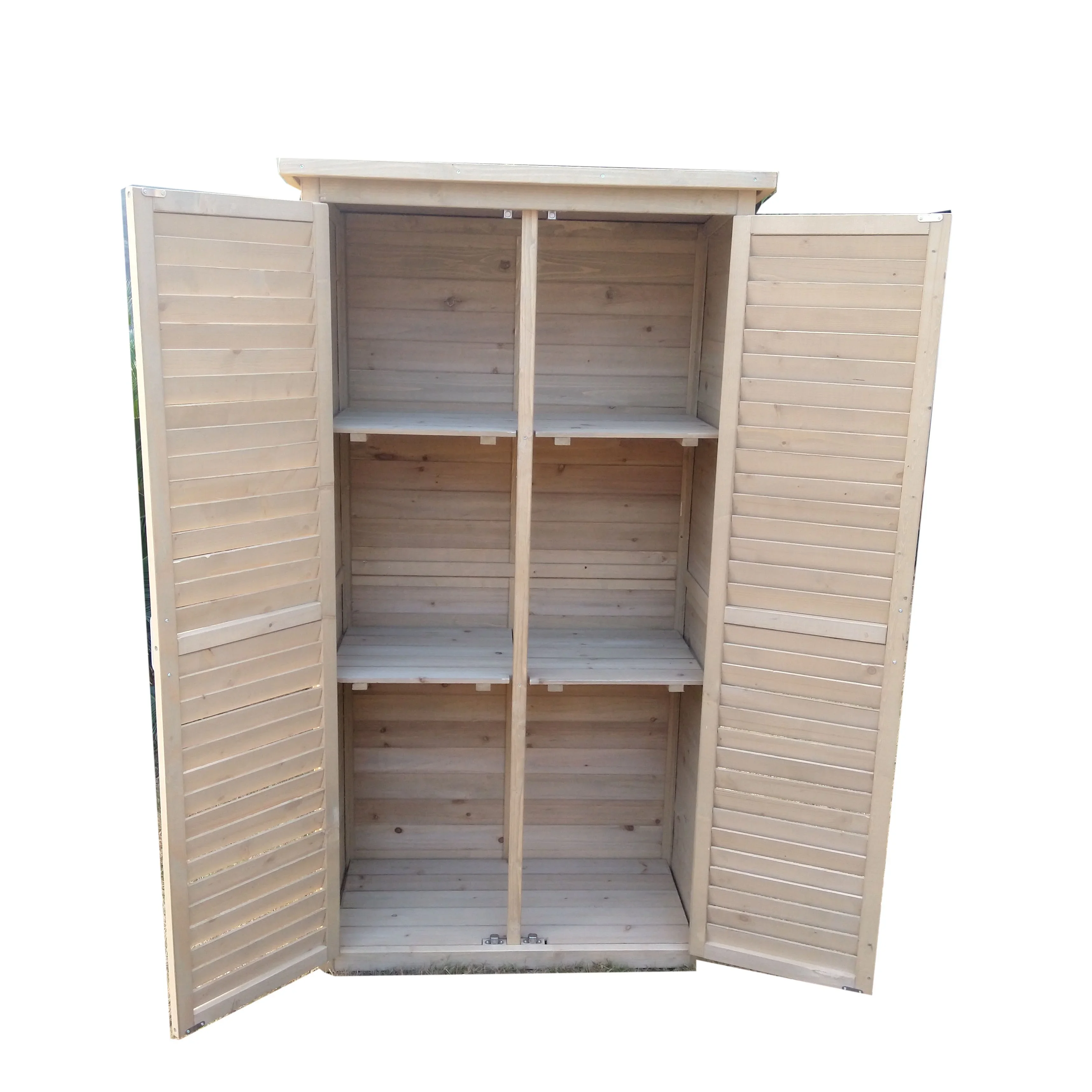 

Factory cheap tall design natural solid garden backyard outdoor balcony wooden tool storage cabinet Lockable Double Doors
