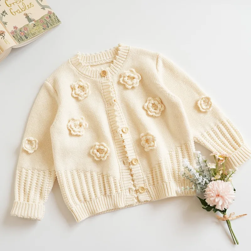 Baby Beige Cotton Knit Cardigan Sweater for Girls Baby Hand-Crocheted 3D Flower Autumn Jacket Kids Knit Top Outfit Clothes