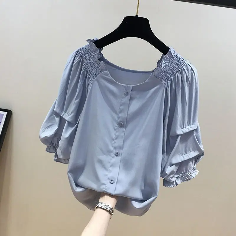 Stylish Loose Spliced Ruffles Shirring Chiffon Blouse Women\'s Clothing 2023 Summer New Casual Pullovers Korean Puff Sleeve Shirt