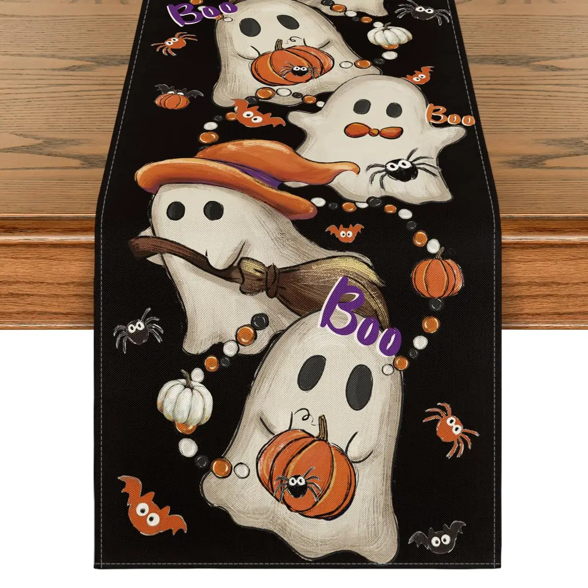 

Black Boo Ghost Pumpkin Halloween Table Runner, Spooky Kitchen Dining Table Decoration for Home Party Decor