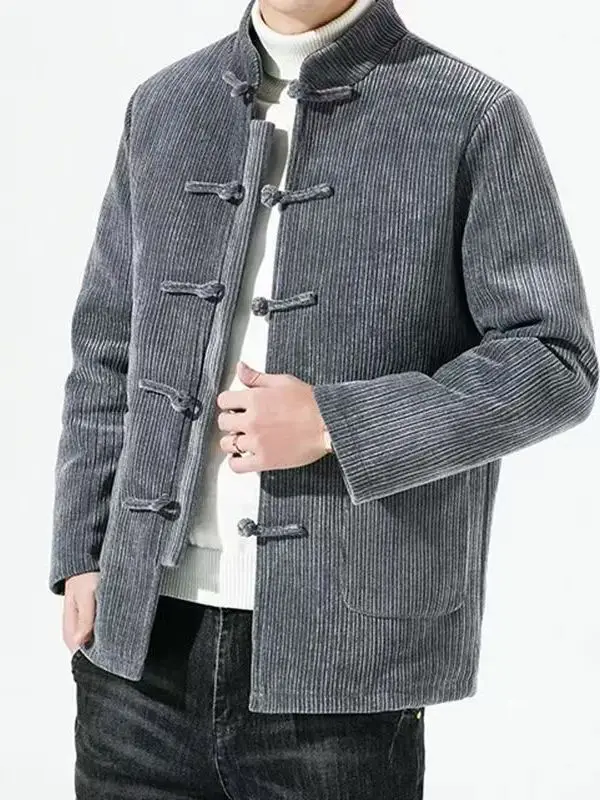 

Men's Winter Faion Warm Thiened Stand Collar Tang Suit Jaet with Button Closure Windproof Fce Lined Traditional Chin...