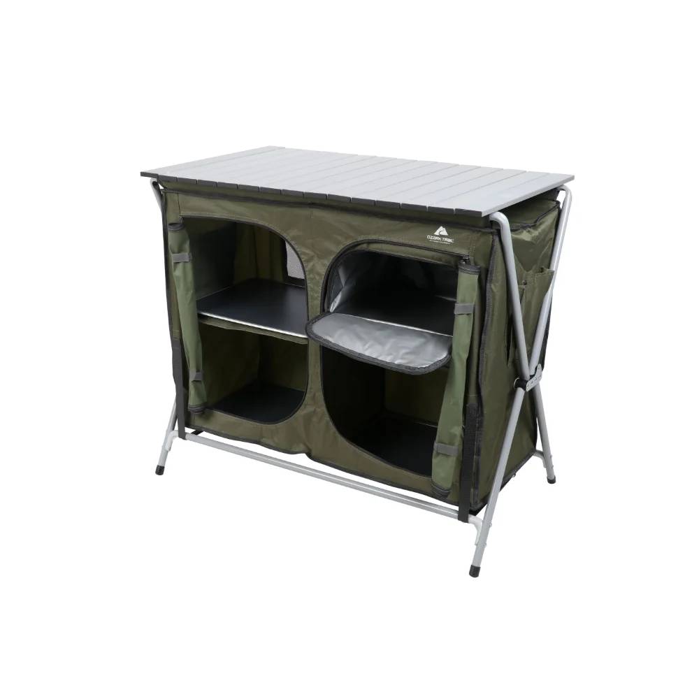 Camping Table, Gray,Double Two-shelf Deluxe Cupboard Lets ,a Durable Aluminum Roll-top,Quick and Easy To Assemble,Outdoor Table