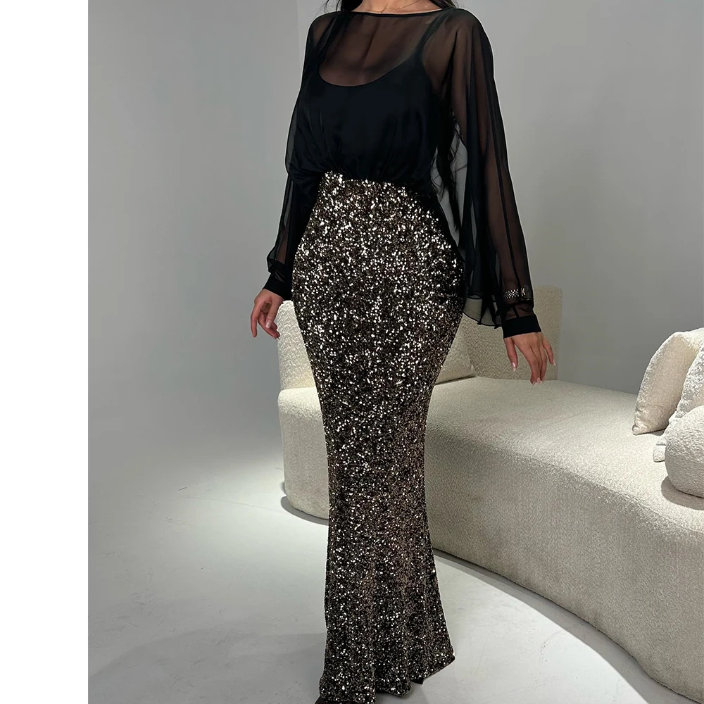 Customized Classic Straight Ankle Length Crew neck Long Sleeves Sequined Evening Dress Fashion Photo Color vestidos para mujer