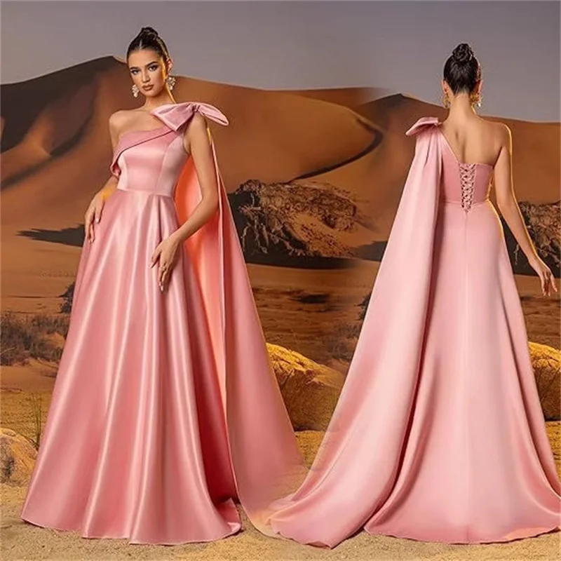 

Атласные платья трапециевидной формы на одно плечо с бантом Вечерние платья подружки невесты Свадебная вечеринка Формальный выпускной день рождения Длина пола на шнуровке сзади