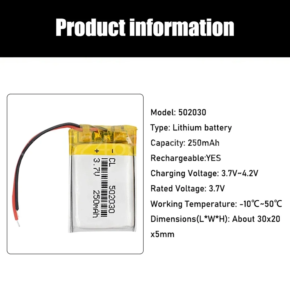 3.7V 250mAh 502030   Batería recargable de iones de litio li-po de polímero de litio, células Lipo para altavoz MP3 MP4, tacógrafo, cámara DVR para coche