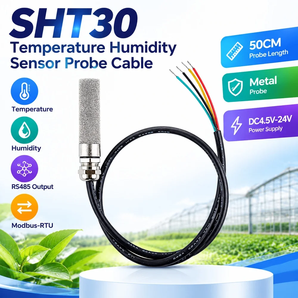 SHT30 Temperature Humidity Sensor Probe Cable Metal Long Probe 50CM RS485 Output Modbus-RTU DC4.5V-24V for Agriculture Industry
