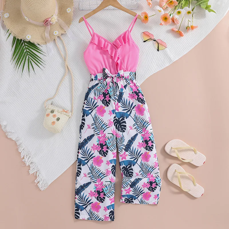 

2024 New Summer Child Clothes Sets Sleeveless Ruffles Tops Print Floral Pants 2 Piece Sets Designer Girls Clothes Sets 8-12T