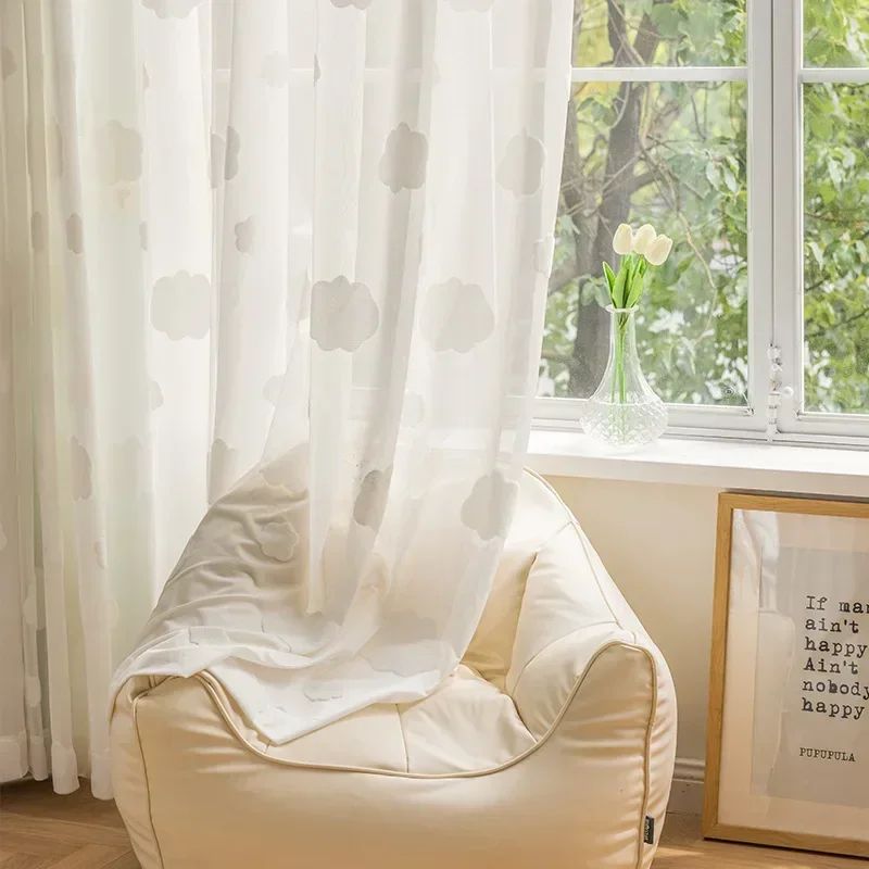 

Japanese Curtains for Living Dining Room Bedroom Simple Cotton Velvet Gauze Clouds Childlike White Log Wind Drift Balcony