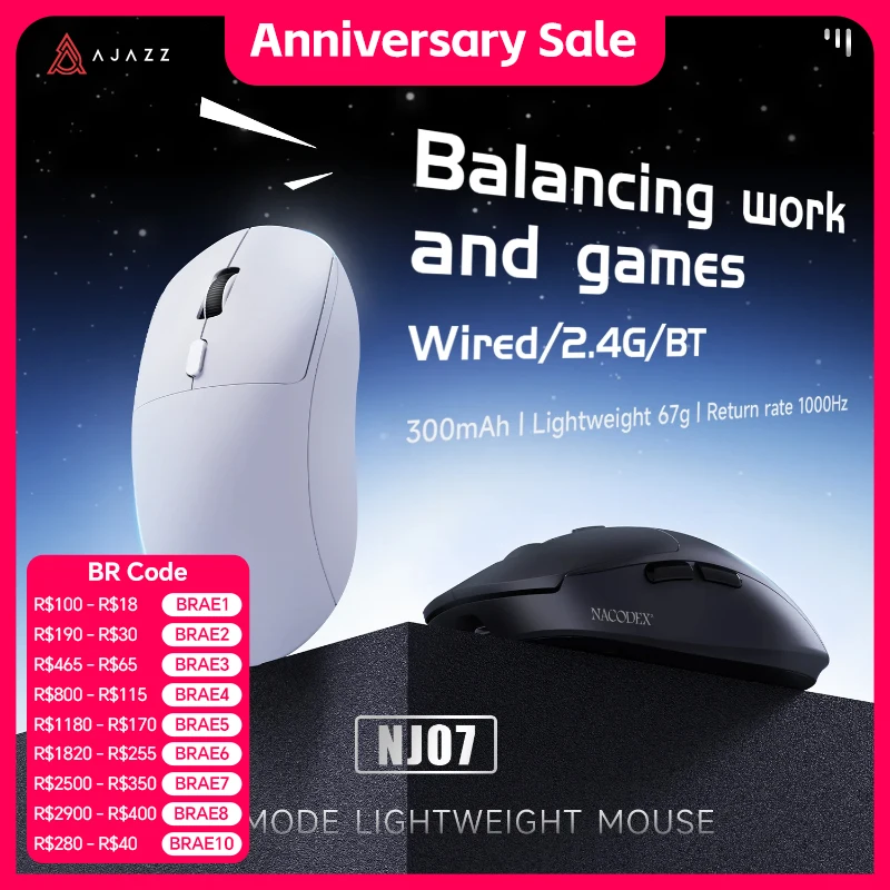 

AJAZZ NJ07 Wireless Gaming Office Mouse Wired/2.4G/Bluetooth 1000Hz Rate of return 300mAh 67g Lightweight Body for Windows/Mac
