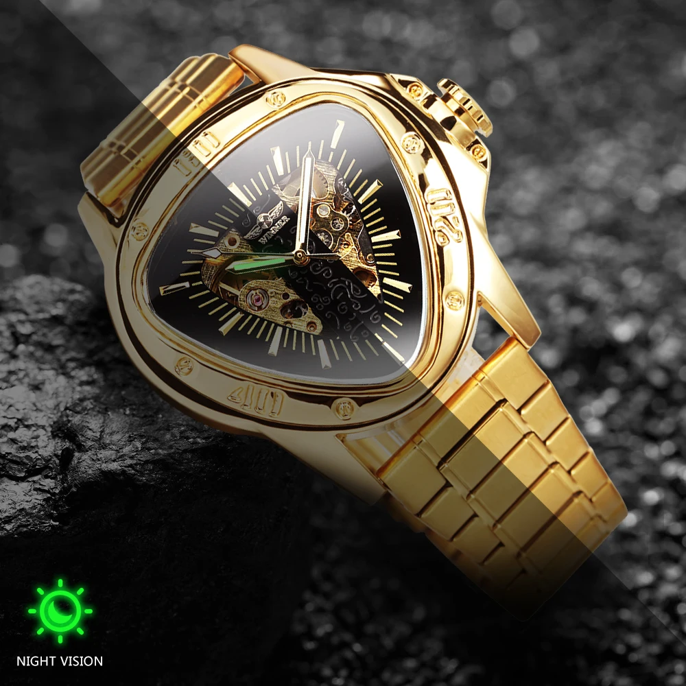 WINNER Military Triangle Skeleton Automatic Mechanical Watch for Men Luminous Hands Leather Steel Strap Gold Sports Mens Watches