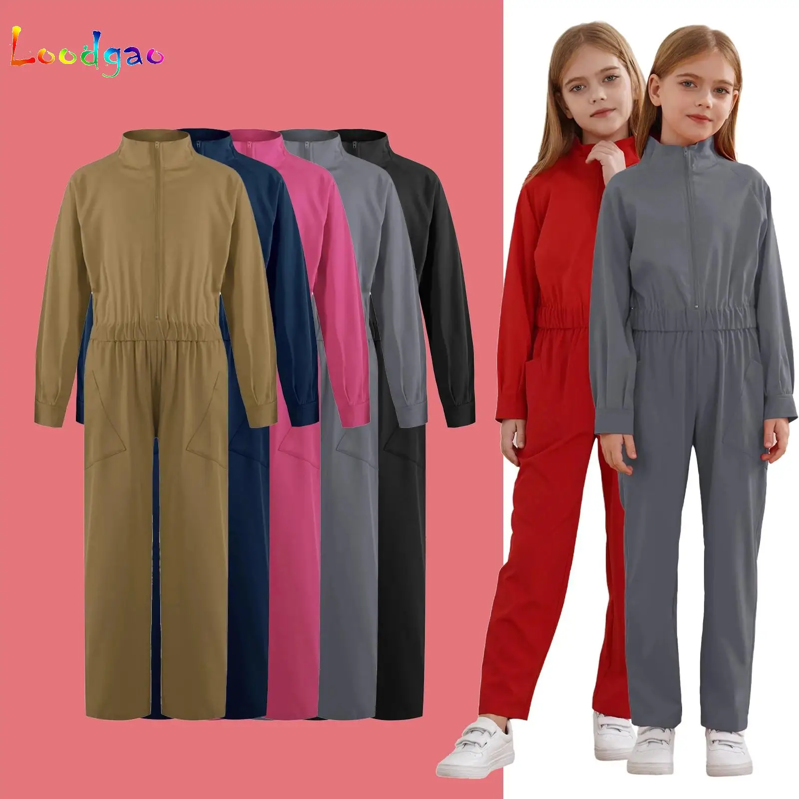 

Girls Boys Zipper Front Jumpsuit Mechanic Costume Flight Suit Rompers Long Cargo Pants Playsuit Flightsuit Carnival Dress Up