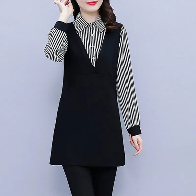 New Women\'s Clothing Shirt Polo-Neck Long Sleeve Office Lady Commuter Fake Two Pieces Elegant Plaid Striped Button Pullovers