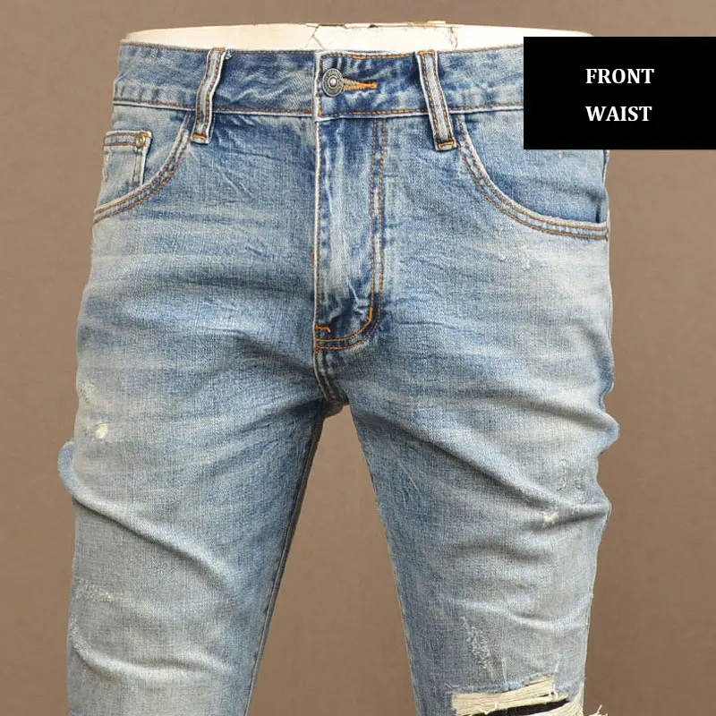 Streetwear Fashion Men Jeans Retro Light Blue Stretch Slim Fit Ripped Jeans Men Hole Patched Designer Hip Hop Denim Pants Hombre