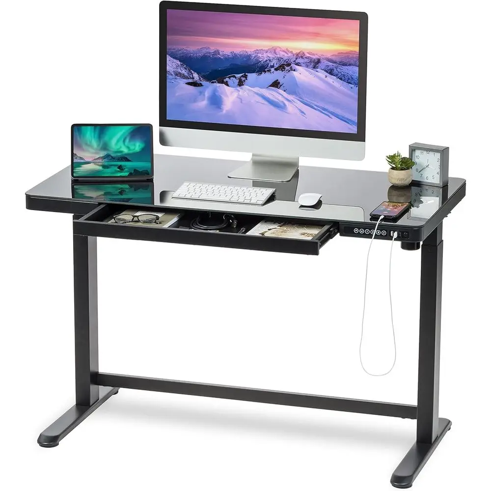 

48x24 Inch Electric Height Adjustable Desk, Sit-Stand Computer Desk with USB Ports, Glass Top for Home Office
