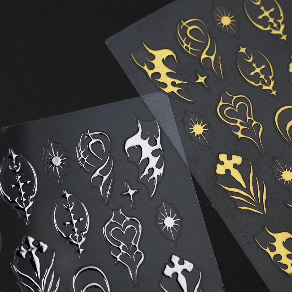 5 pcs Gothic Silvery Golden Metal Line Nail Stickers Black White Heart Stars Adhesive Nail Designs Y2K Laser Wave Nail Decor