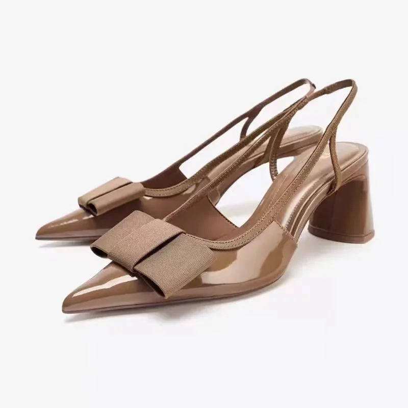 Women's Elegant Pointed Toe Shallow Mouth High Heels Sandals Bow Decoration Open High Thick Heel Mules Party Dress Shoes