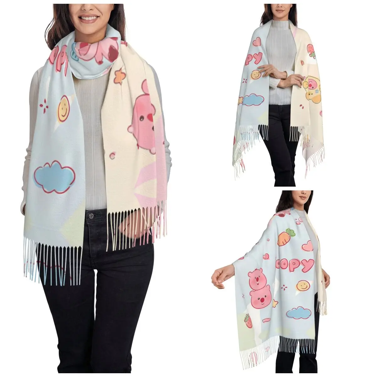 Womens Scarf with Tassel Zanmang Loopy Cartoon Cosplay Large Winter Fall Shawl Wrap Cute Kawaii Daily Wear Pashmina Scarves