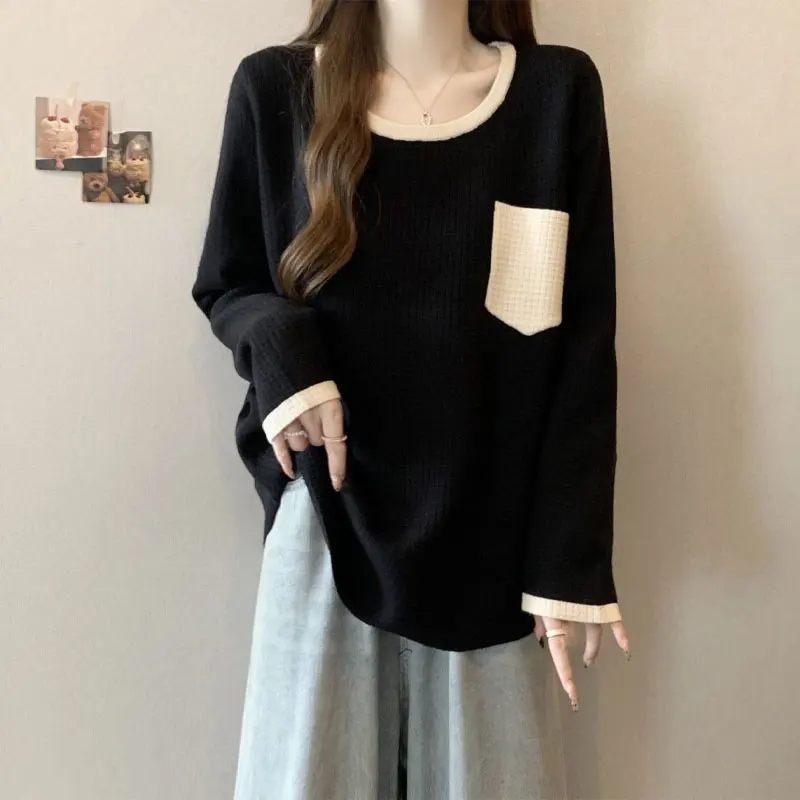 Casual Fashion Pockets Pullovers Female Clothing Spliced Contrasting Colors Autumn Winter Round Neck Loose Long Sleeve T-shirt