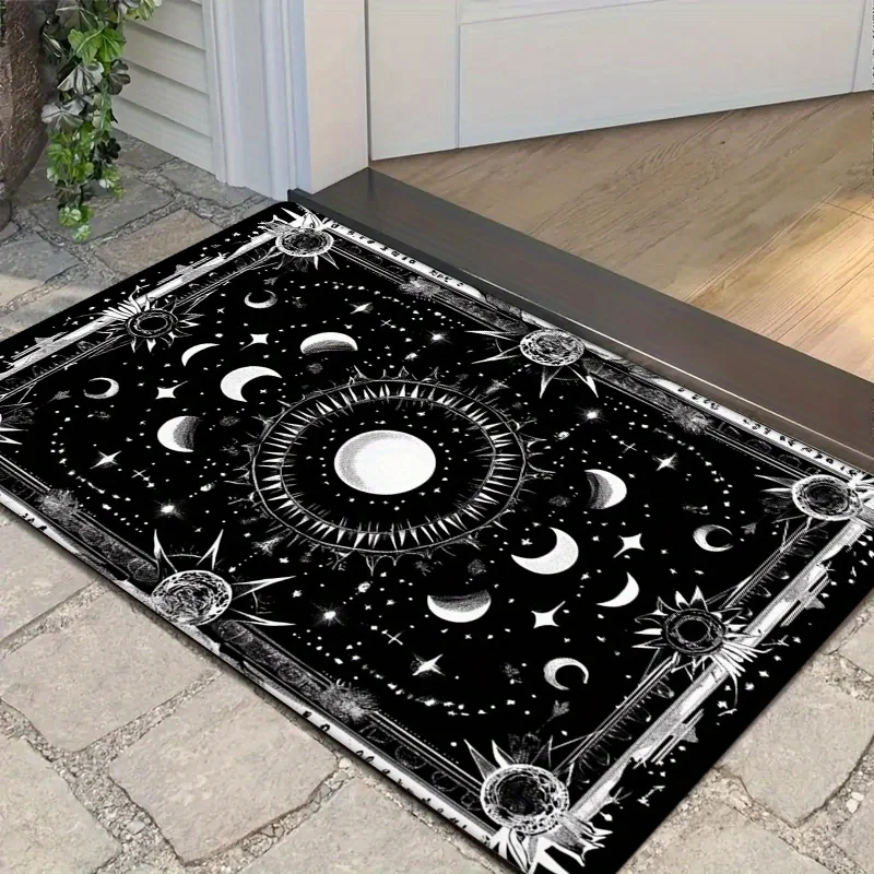 1pc Celestial Magic Astrology Vintage Non-Slip Door Mat - 0.47inch Thick Polyester Machine Washable Mat with Moon Phases, Stars
