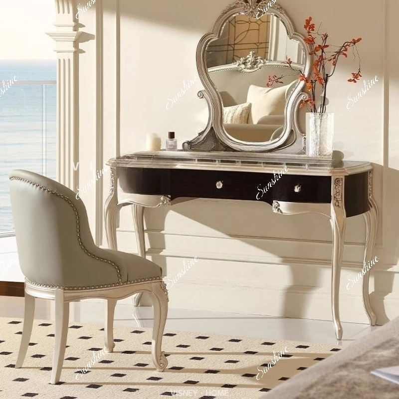 French medium and small apartment master bedroom solid wood dresser carved dressing table and chairs