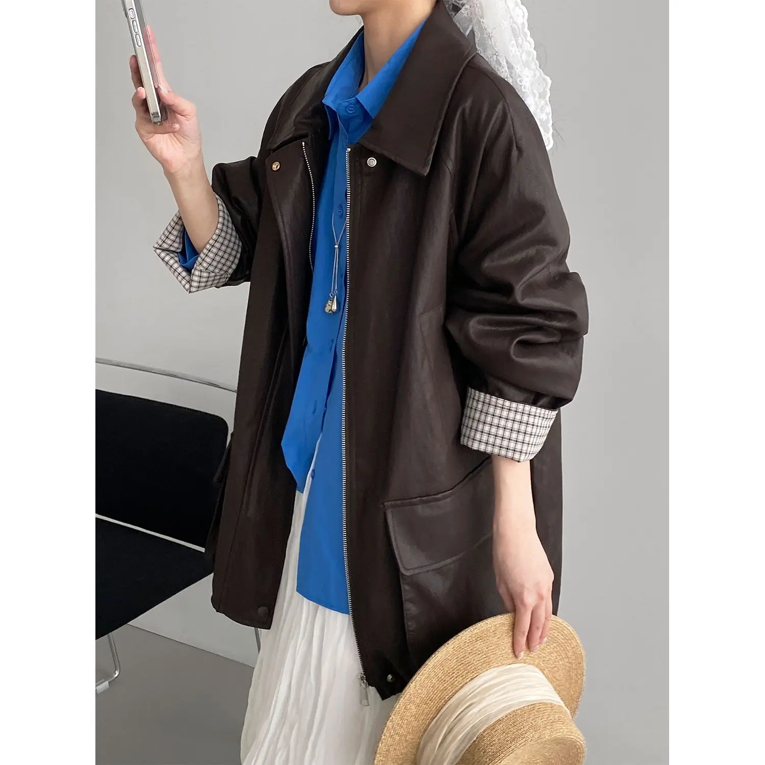 

SuperAen Korean-style Retro Lapel Collar Plaid Patchwork Long-sleeved PU Leather Coats Spring Women's Loose Coat