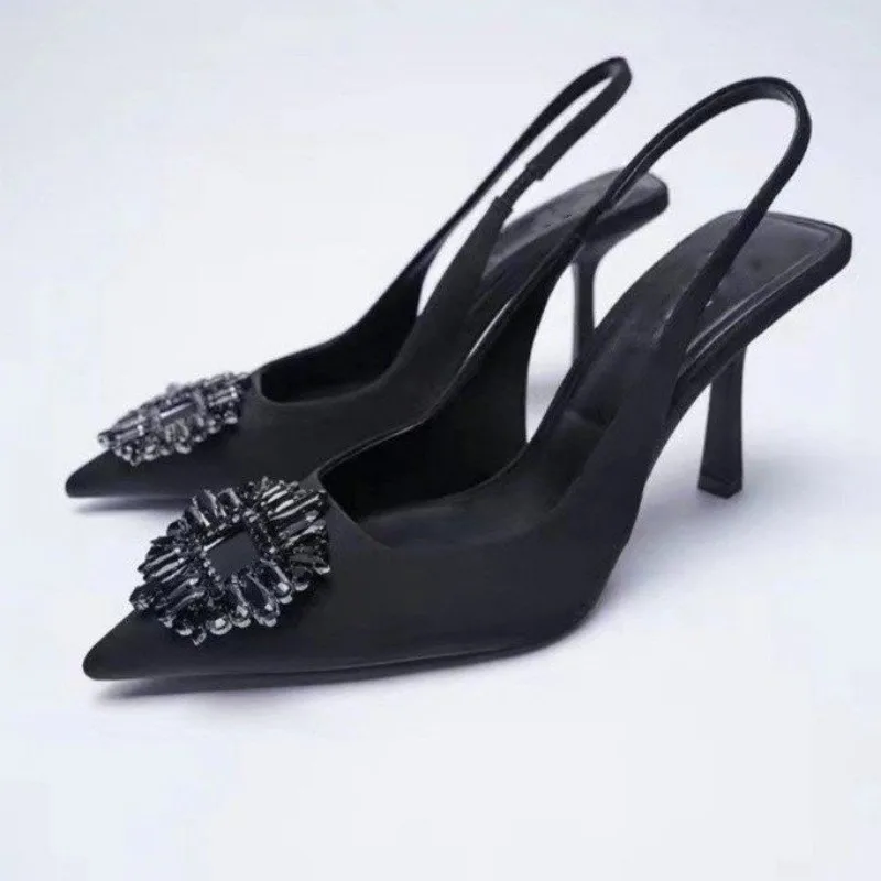 New High-heeled Sandal A Word Back Trip with Rhinestone Decorated Bao Head Sandal Pointed Single Shoe Shallow High Heels Women