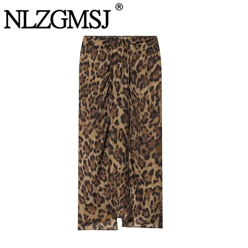 Nlzgmsj 2026 Summer Womens Leopard Print High Waist Maxi Skirt Ruched Front Slim Fit Casual Elegant Party Long Skirt