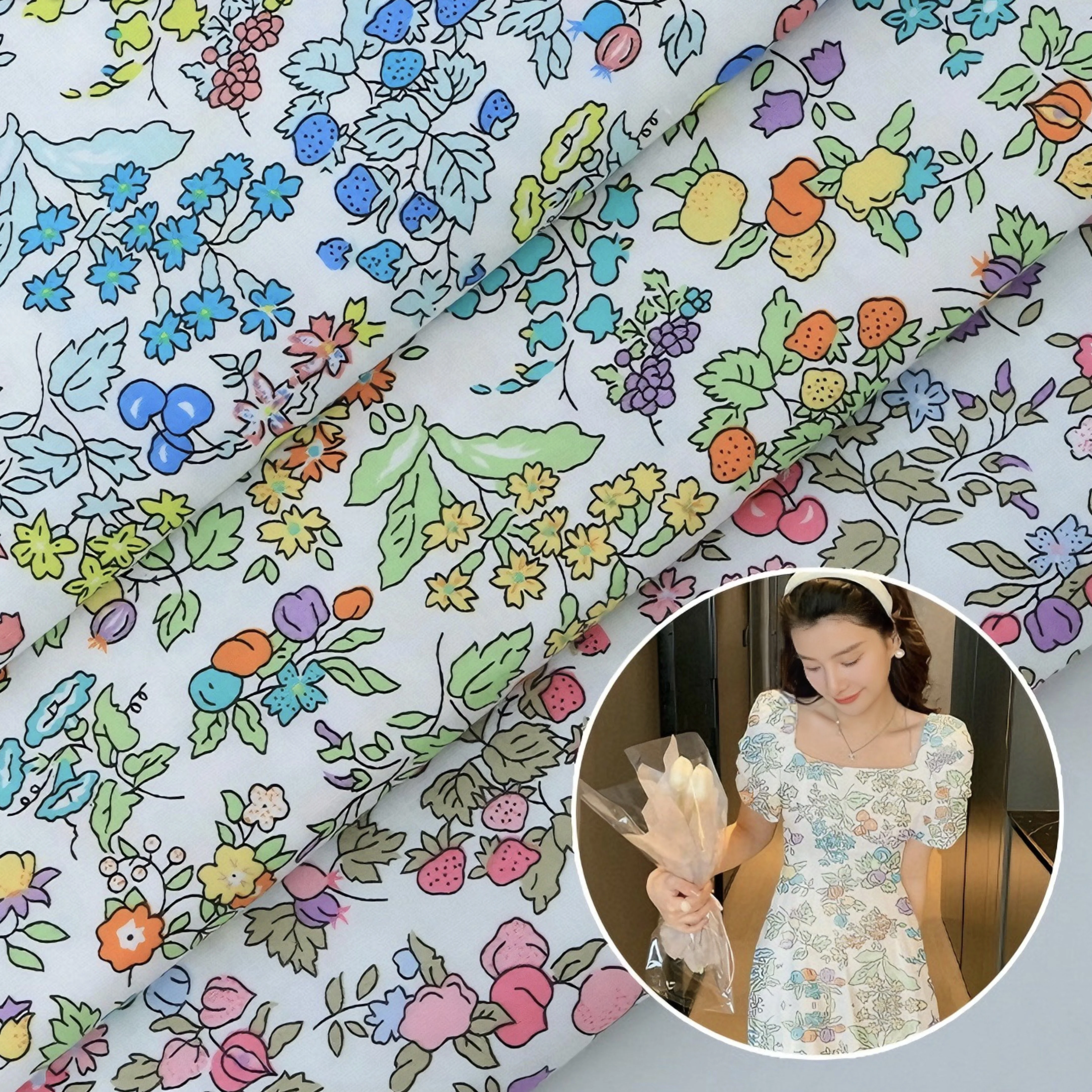 

Cotton Poplin Spring/Summer New Fruit and Flower Printed Fabric 60S Strawberry Pattern Shirt Dress Children's Clothing Fabric