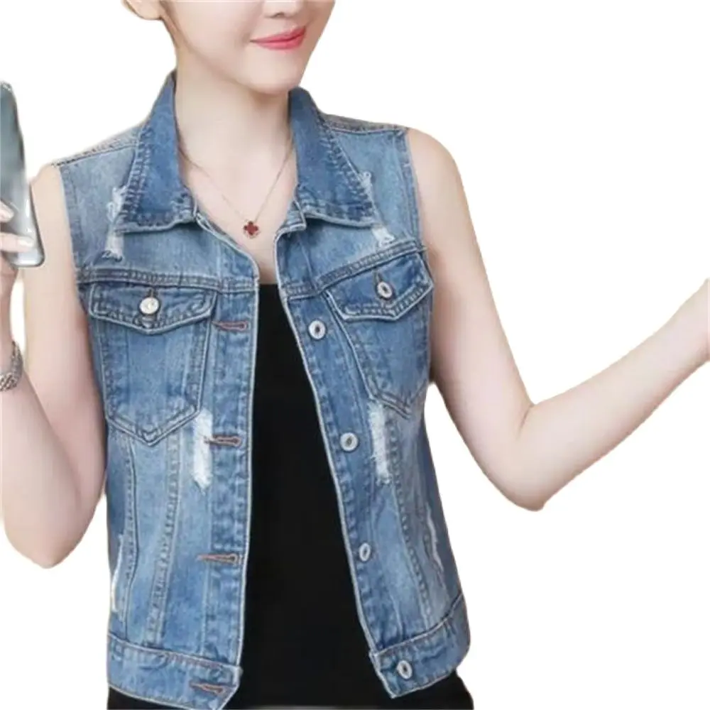 Women Denim Vests Sleeveless Waistcoat Students Casual Jean Tops Slim Jackets Hole Autumn Spring Slim Outersear Burrs Vest