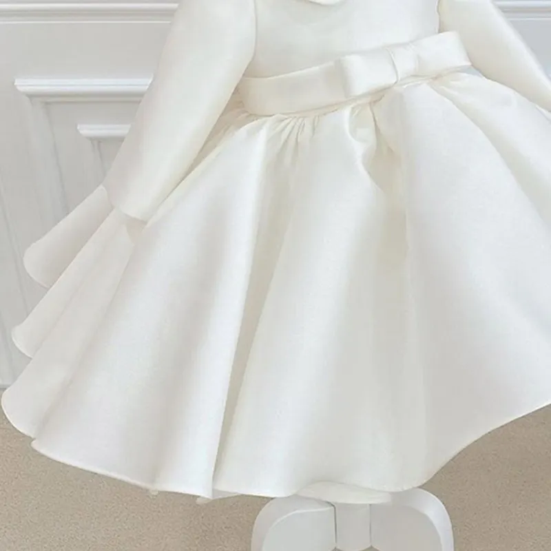 Baby Girl Princess Silk Peter Pan Collar Dress Long Sleeve Child Vintage Bow Vestido Party Birthday Baptism Frocks 1-14Y