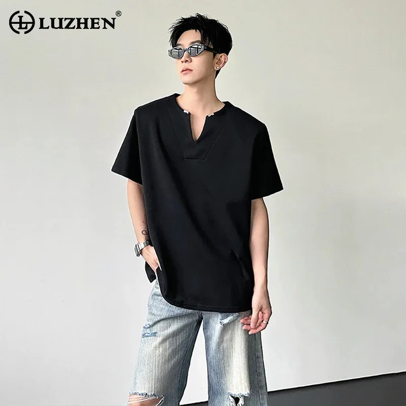 LUZHEN Small 2026 Short Summer V-neck Solid Sleeve Color T-shirts Men's Fashion Elegant Loose Simple Casual Male Clothes JY8463