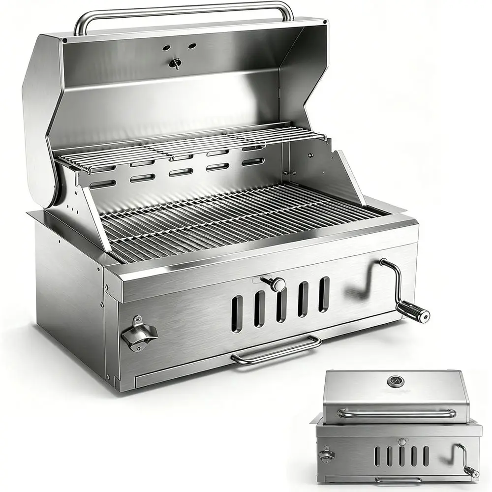 

LarCarcoal Q Grills, uilt in arecue Grill witLitale Tray, Insulated ood & Temp Gau, Sier StainlSteel Q arrel Grill or Outdoor Ki