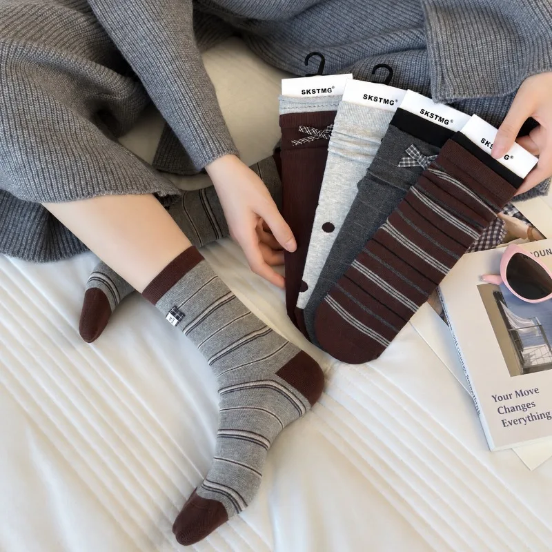 Women Mid Calf Socks Autumn Winter Ins Korean Style Bow Gray Coffee Striped Slouch Socks Versatile Long Hosiery for Ladies Daily view 3