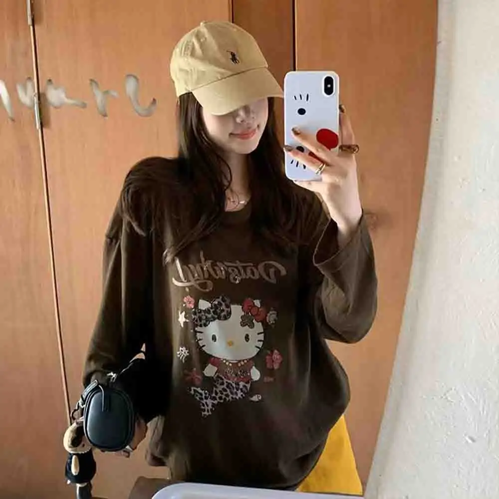 

Cute Hello Kitty Women's Long Sleeve T-Shirt Summer Loose Cartoon Comfortable Sanrio Anime Kawaii Printed Fashion Summer Top