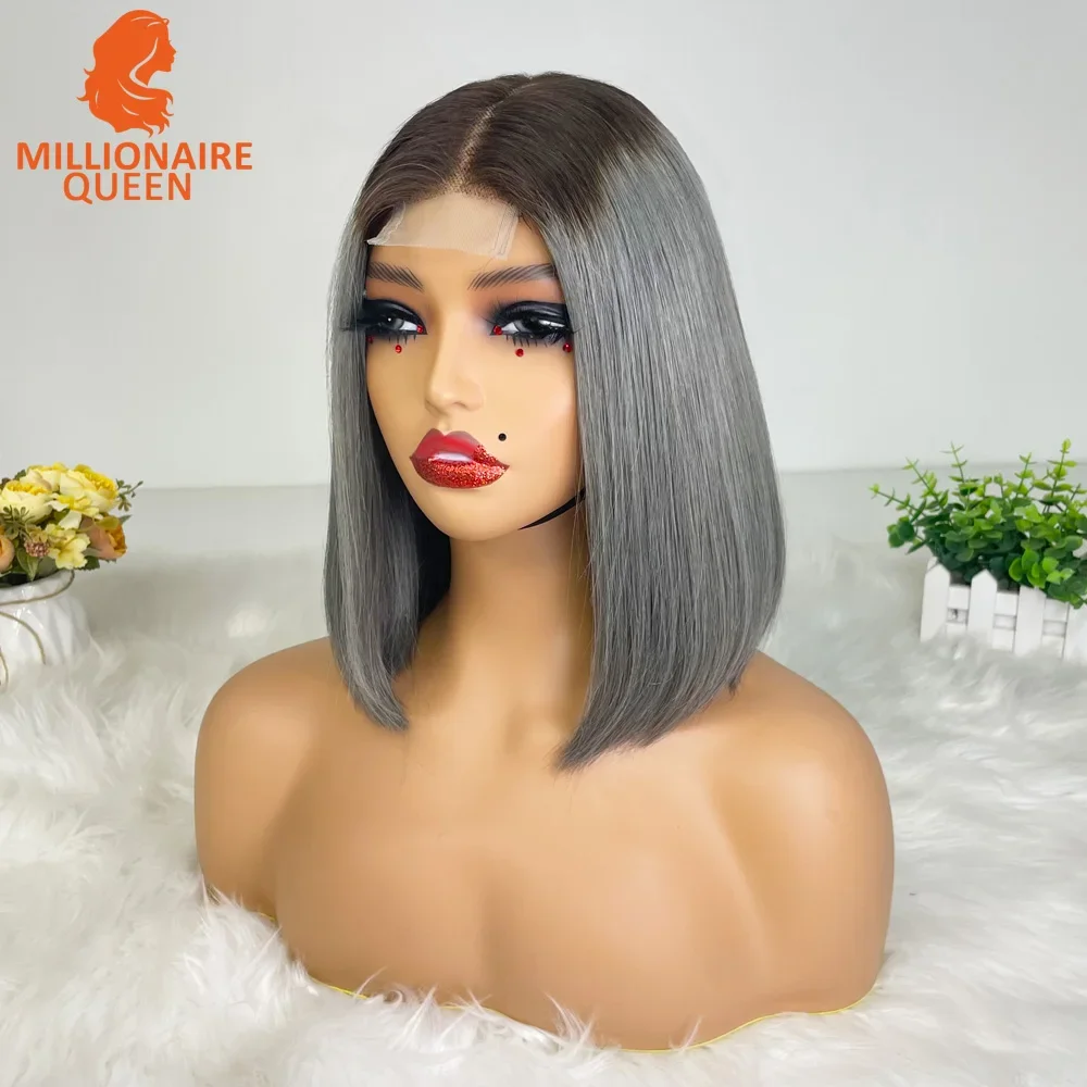 

250 Density 2x6 Lace Closure Short Bob Wig Super Double Drawn Straight Bob Wig Gray Vietname Human Hair Lace Wig For Black Women