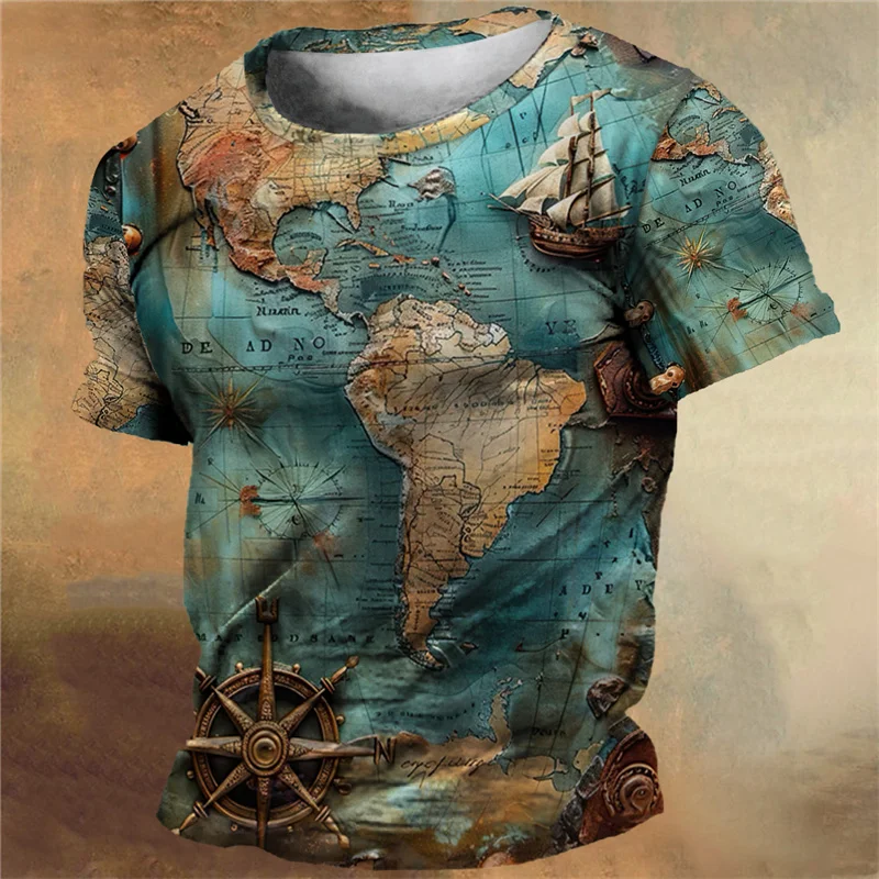 Nautisches Muster Retro 3D Kompass Druck Sport Schnell trocknend atmungsaktiv Herren T-Shirt Outdoor Street Crew Kurzarm Kleidung Sommer