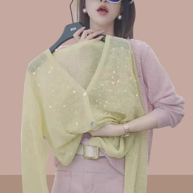 Cardigan tricoté pour femmes, pull d'été fin à manches longues, simple boutonnage, chemise de protection solaire, tempérament, paillettes, col en v, haut ample