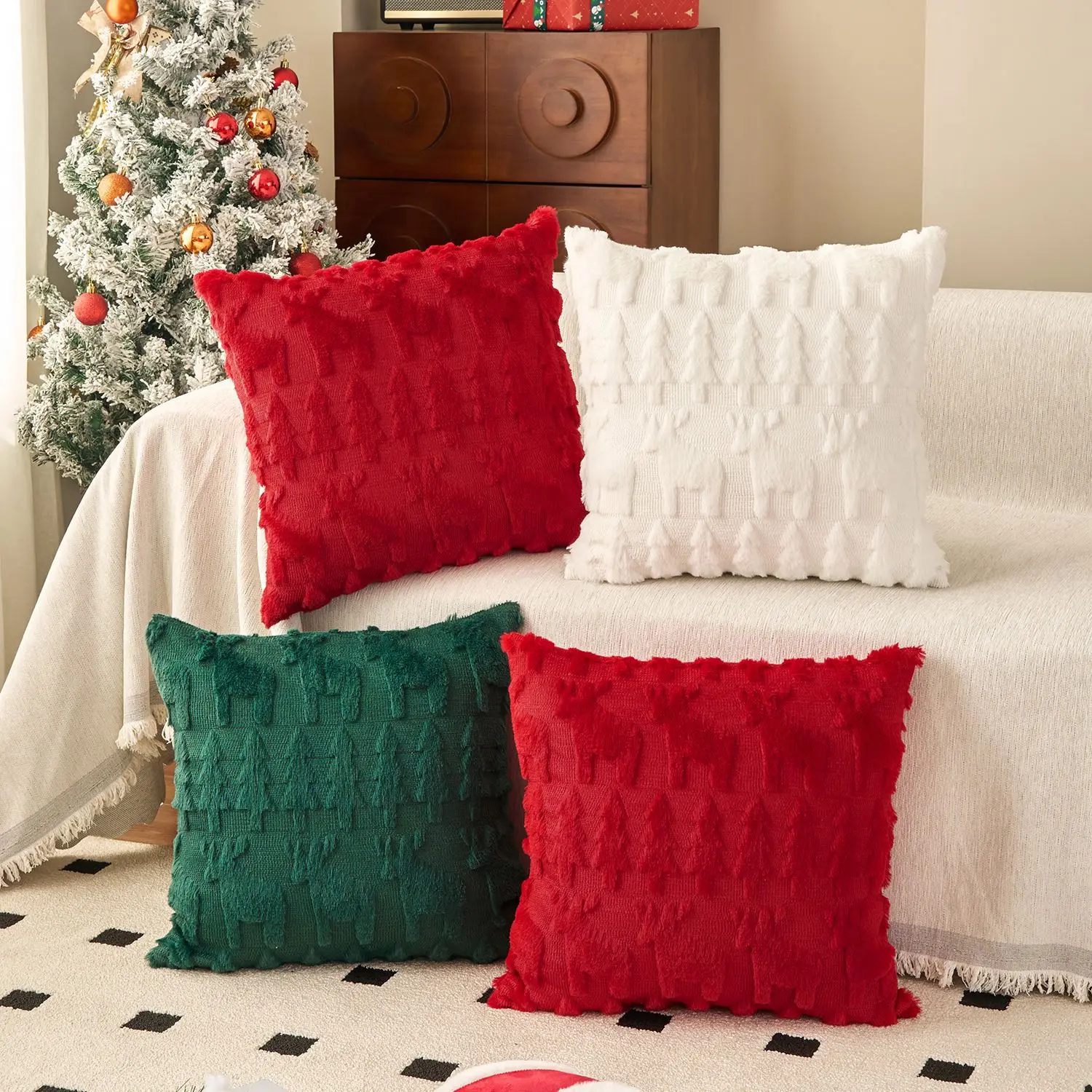 

Christmas Plush Pillow Cover Set with 3D Embroidery | Festive Snowflake Xmas Tree Cushion Case for Couch Sofa Decor | Decoration