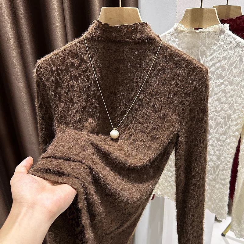 

Кружевная полуводолазка, женский осенний новый стиль, модный сетчатый внутренний элегантный тонкий топ с длинными рукавами