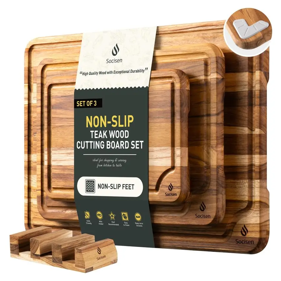 

Pack Teak Wood Cutting Board Set for Kitchen Charcuterie Board Serving Heavy Duty Non Toxic Slip Over Sink Solid Thick Haus Wood