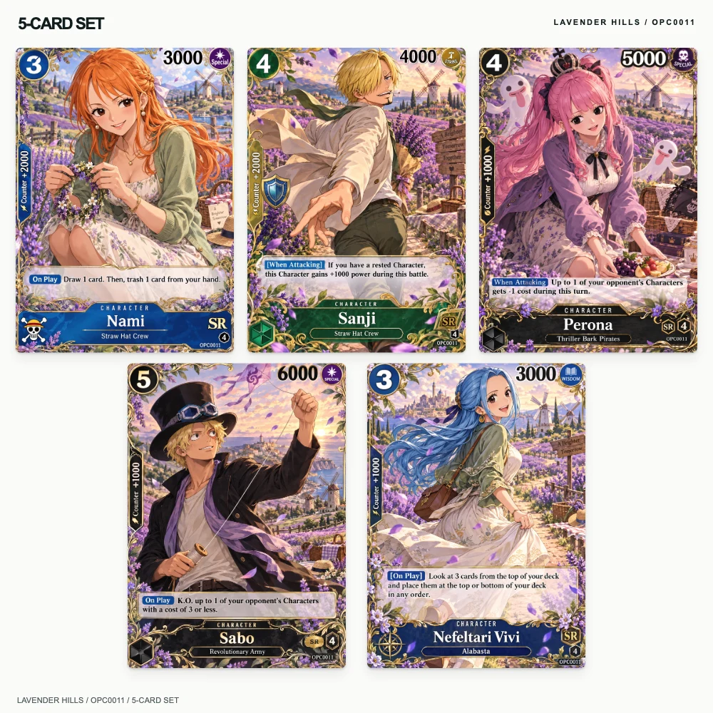 5pcs One Piece Holographic Trading Cards Lavender Hills Nami Sanji Perona Sabo Vivi English Collectible Gift 63x88mm Bundle