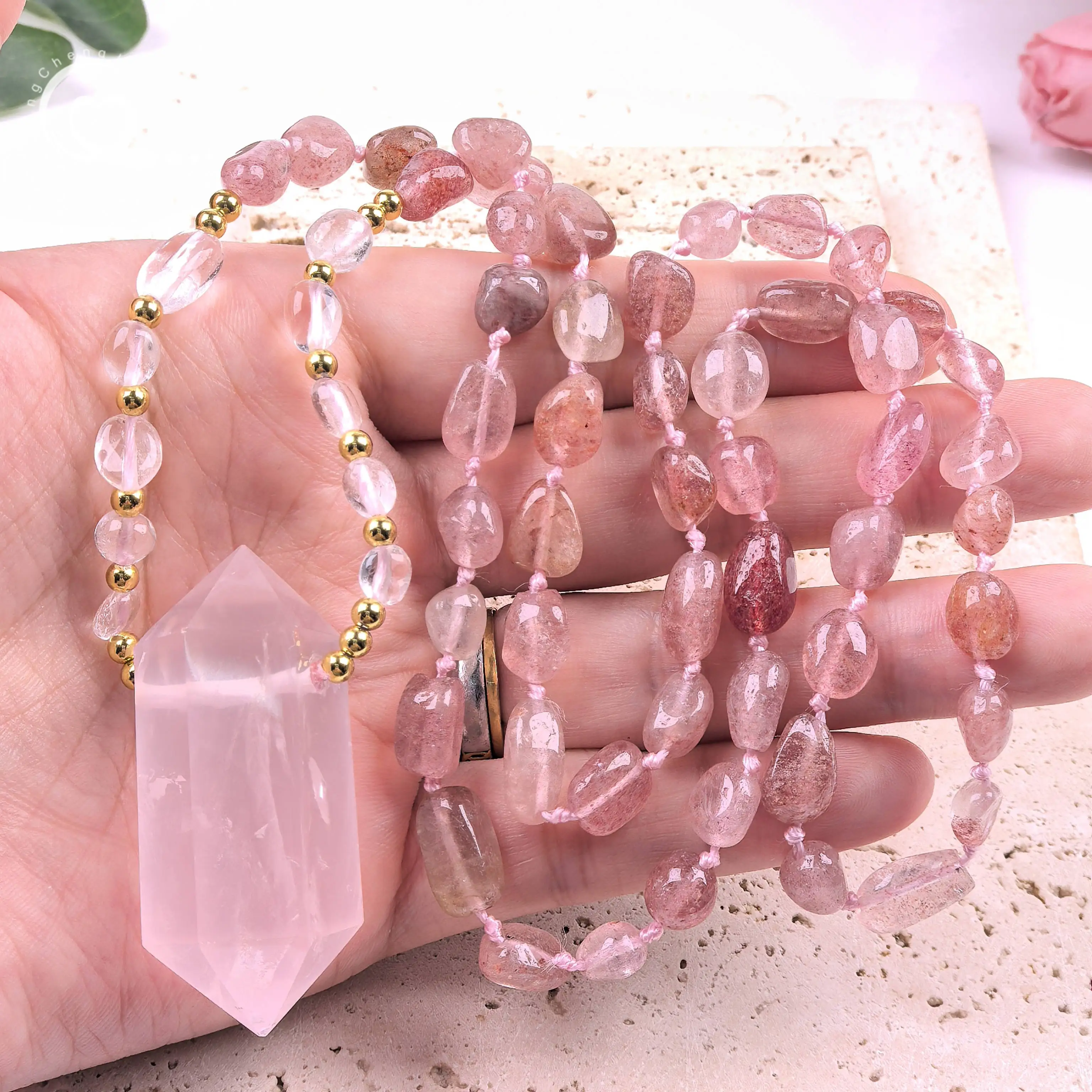 

Healing Crystal Rose Quartz Double Point Pendant Yoga Mala Prayer Necklaces Knot Handmade Strawberry Quartz Beads Jewelry,QC0209