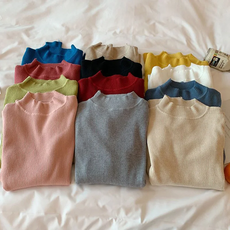 

Winter Lady Fashion Half High Collar Knitted Tops Hot Sale Girls Pullover Sweaters Women Solid Daily Sweaters Clothes