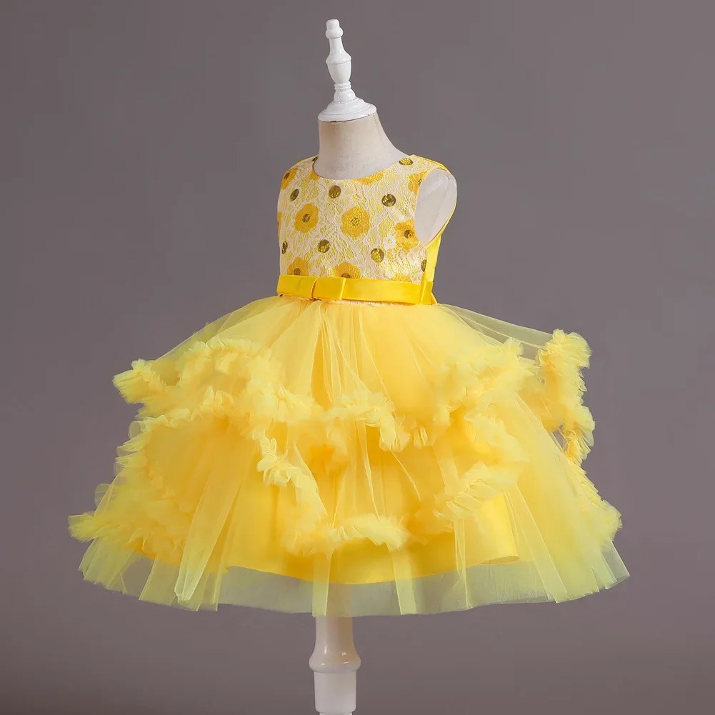 Yellow Red Blue Sleeveless Tutu Princess Dress Piano Perform Wedding Cake Clothing 3 to 10yrs New Summer Kids Girl Party Dress