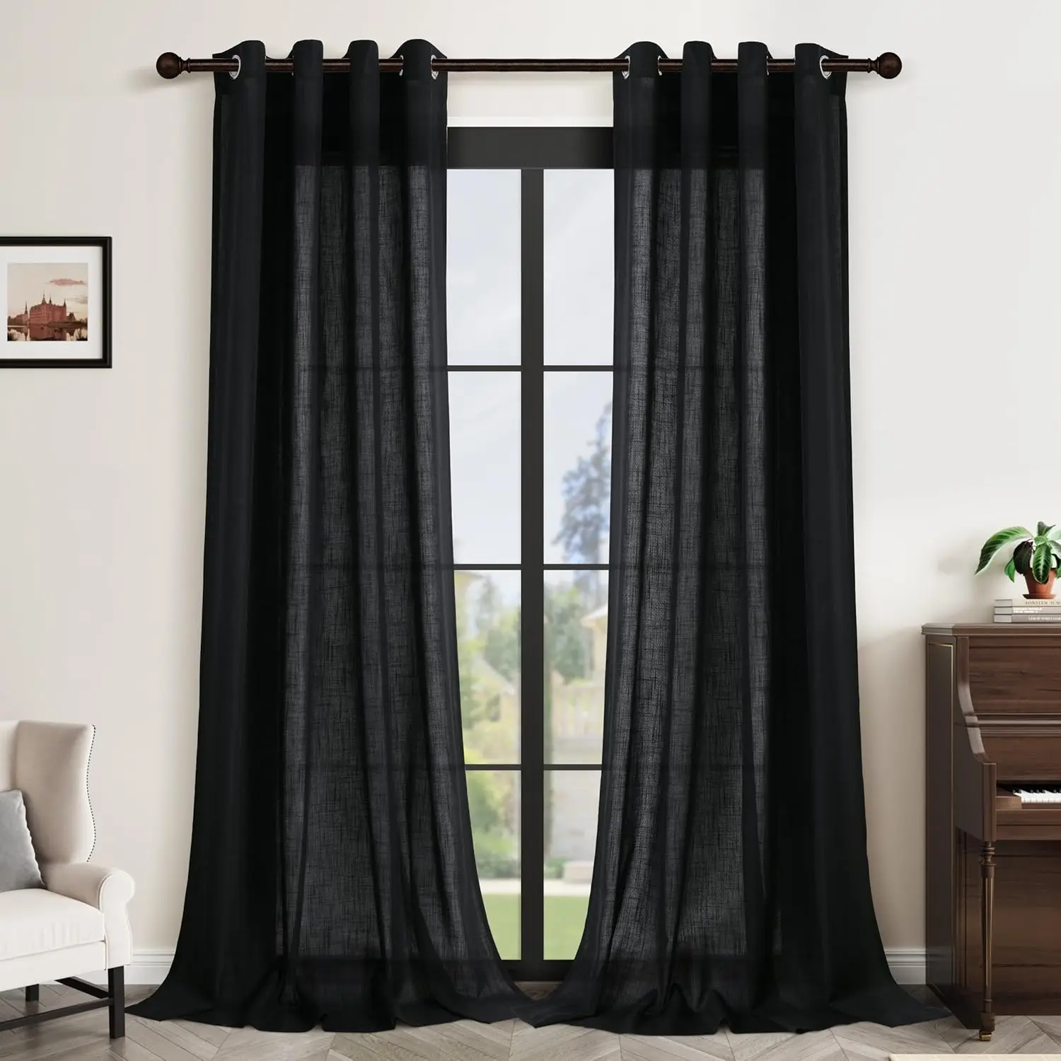 

Black Linen Curtains 108 Inches Long 2 Panels for Living Room Divider Grommet Extra Long Black Drapes Neutral Modern Sem