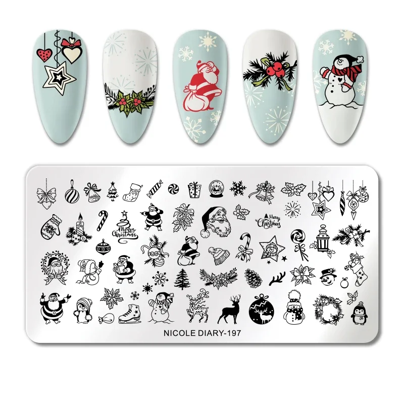 NICOLE DIARY Christmas Nail Stamping Plates Santa Snow Deer Snowflakes Stamp Nordic Winter Design