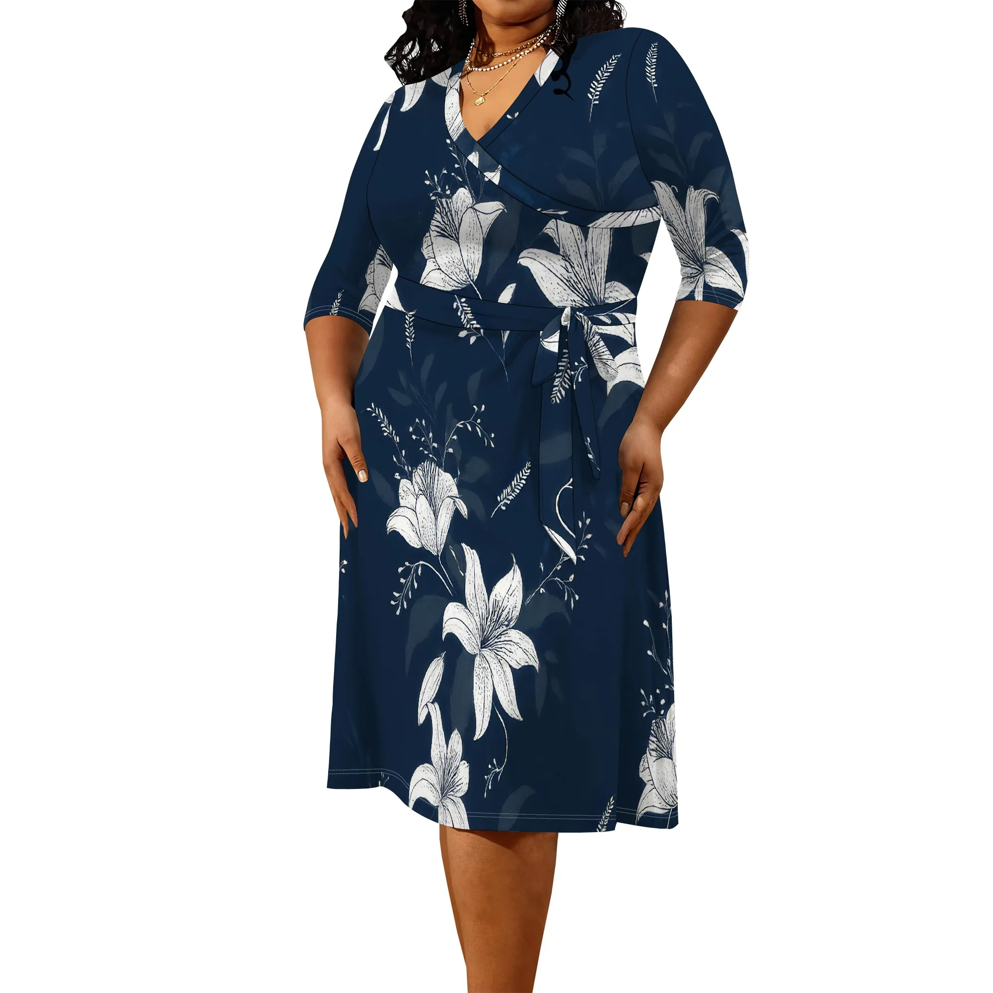 Women's Floral Print Maxi Dresses Summer with Pockets Casual 3/4 Sleeve V-Neck Wrap Tie Waist Long Dress