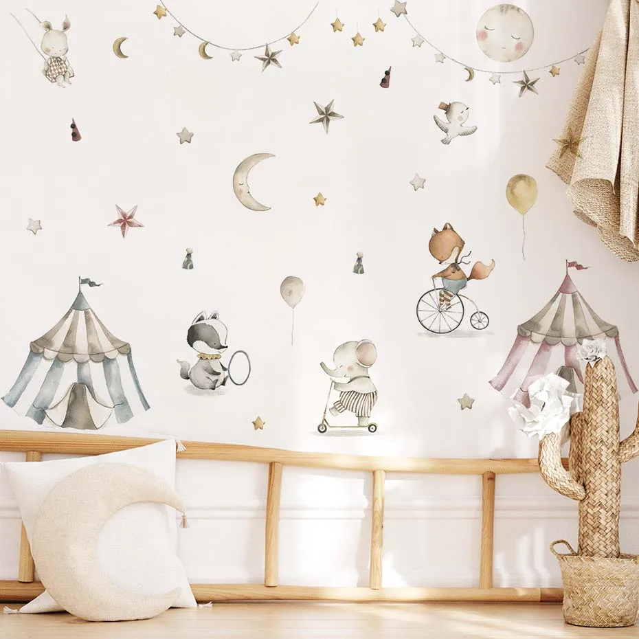 

Cartoon Cute Lion Elephant Animal Circus Watercolor Vinyl Wall Sticker Removable Decals Kids Nursery Baby Girls Room Home Decor